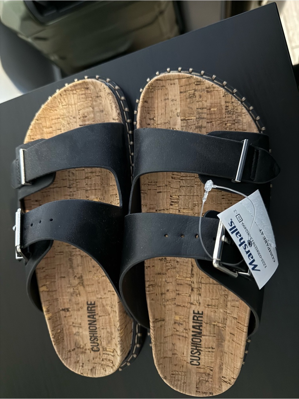 Cushionaire Women's Black Cork Footbed Double-Buckle Sandals